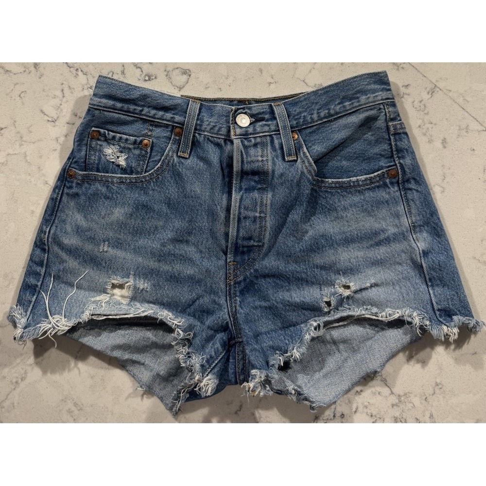 Levi's 501 Denim Shorts Womens 25 Blue Button Fly Distressed Frayed Raw Hem